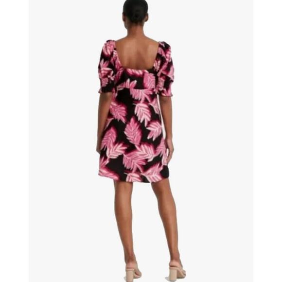 WHO WHAT WEAR Puff Sleeve Linen Blend Dress NEW Size XXL Pink Black Leaf Print - Picture 10 of 11